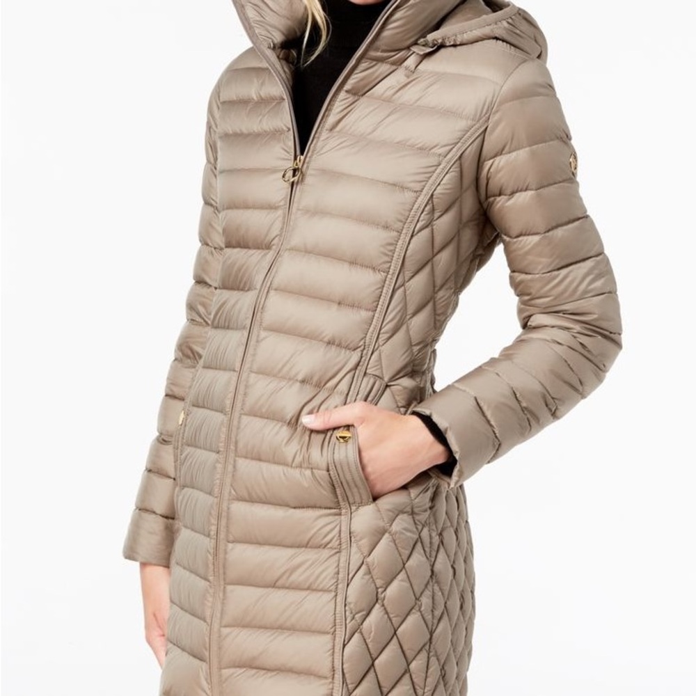 Michael Kors Quilted Taupe Long Puffer Coat